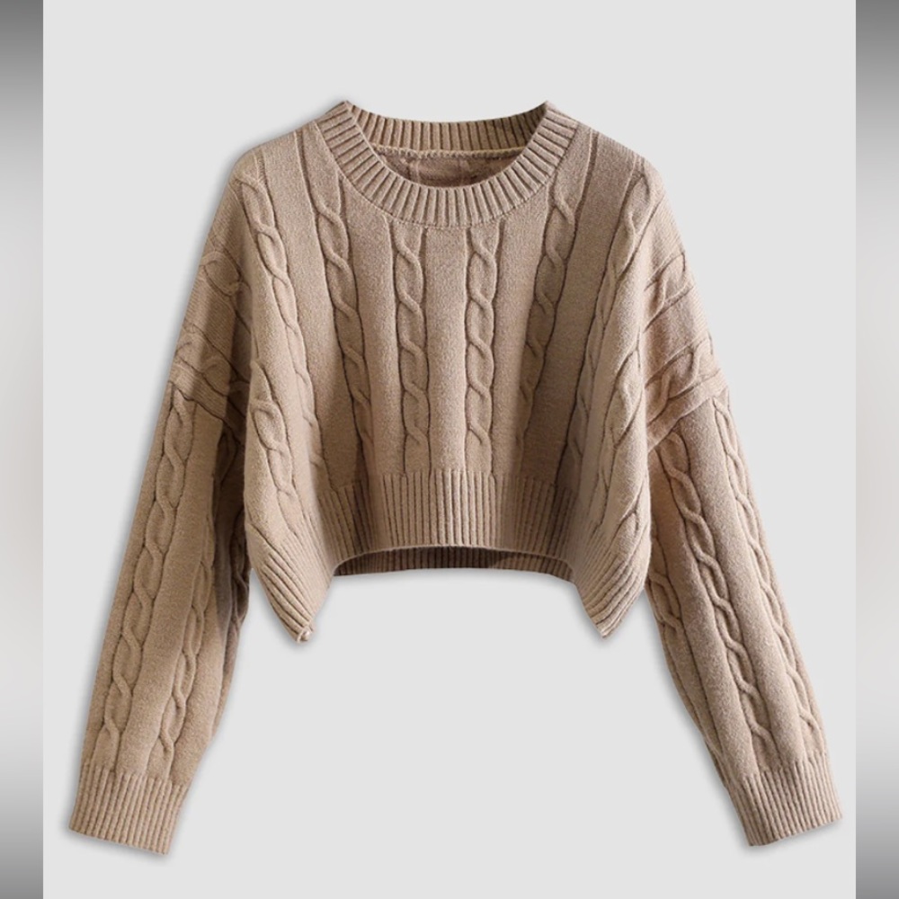 Commense Brown Cropped Tan Small Cableknit Sweater